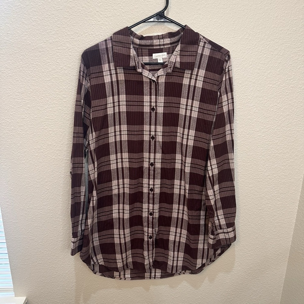 Garnet Hill Burgundy Plaid Essential Organic Pima Cotton Flannel Tunic 10‎ Fall